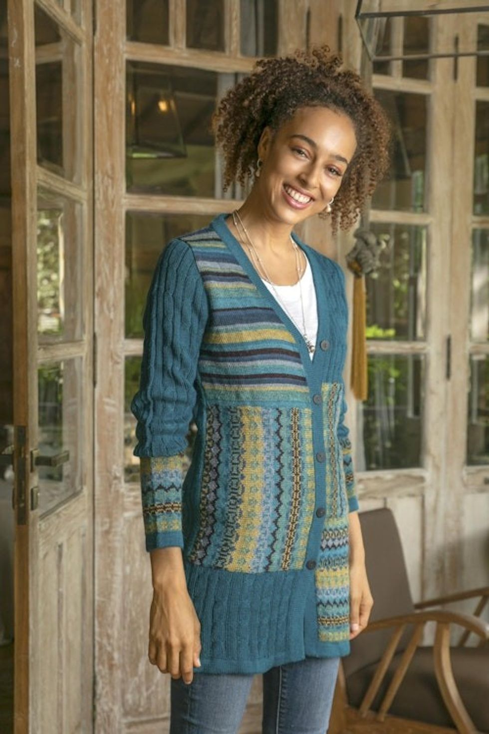 Cable Knit 100 Alpaca Cardigan in Teal from Peru 'Patchwork in Teal'