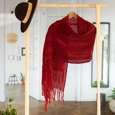 Alternate image for Handwoven Baby Alpaca Blend Scarf in Fiery Reds Firelight