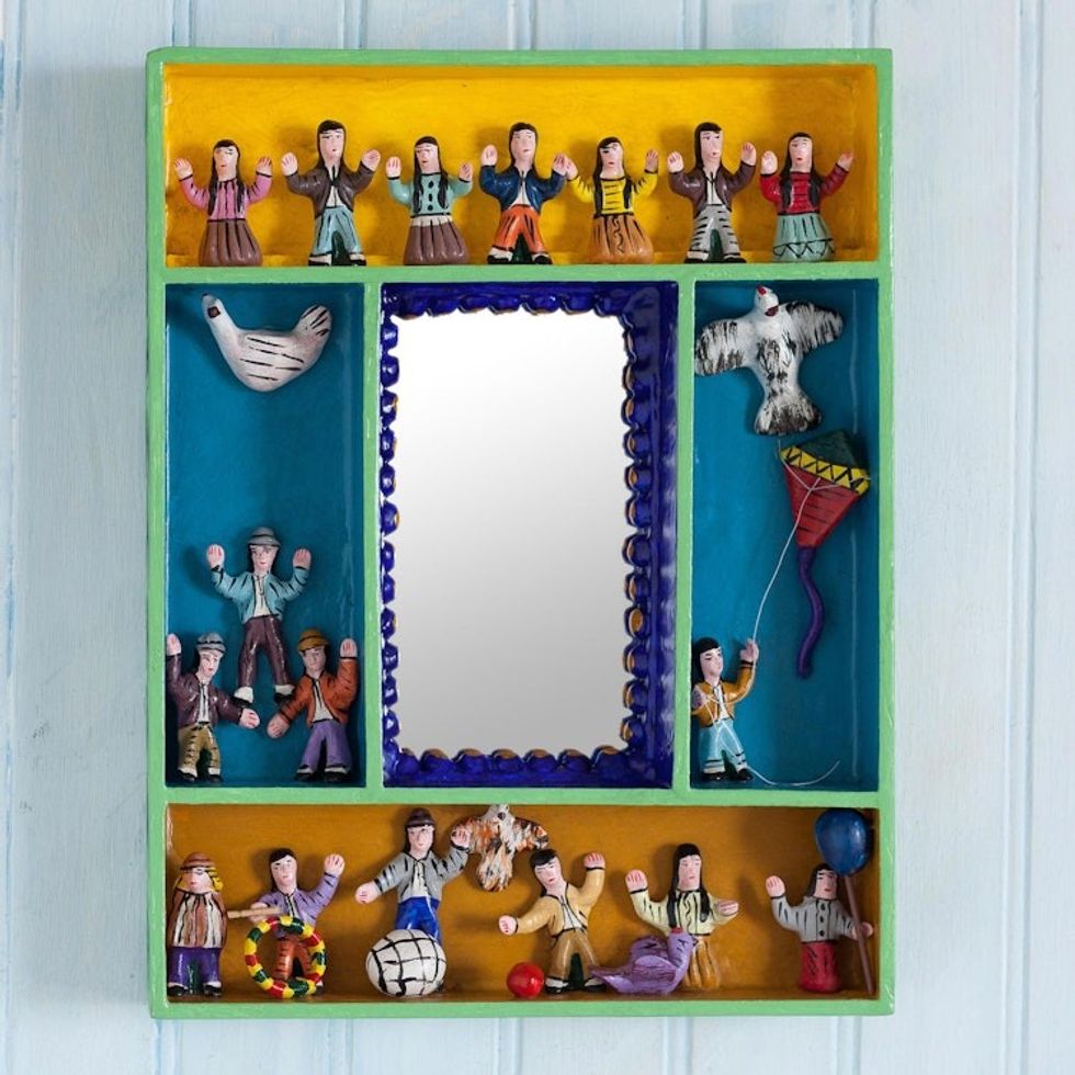 Hand-Painted Wood Retablo Wall Mirror Crafted in Peru 'Children at Play'