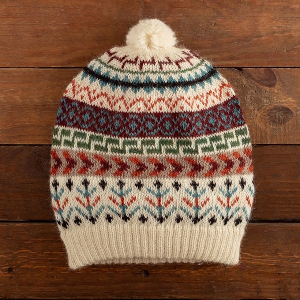 Traditional Knit Ivory Alpaca Hat from the Andes 'Andean Nature'