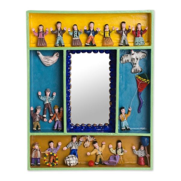 Alternate image for Hand-Painted Wood Retablo Wall Mirror Crafted in Peru Children at Play
