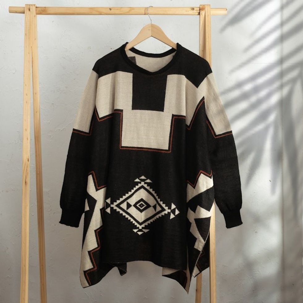 Black and Beige Alpaca Blend Poncho with Long Sleeves 'Chakana Eyes'