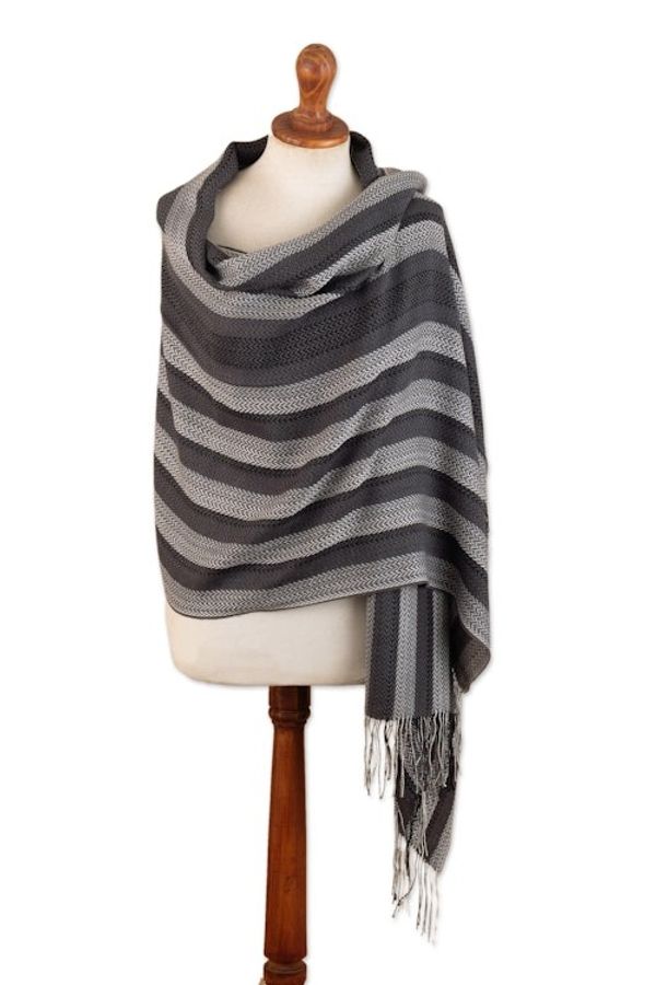 Alternate image for Handloomed Baby Alpaca Blend Striped Shawl in Black and Grey Classic Shades