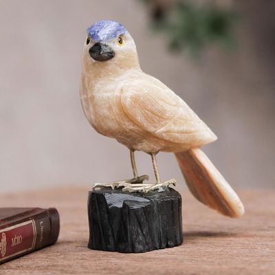 Alternate image for Bird Sculpture in Caramel Calcite on Onyx Stand Sparrow of Creativity