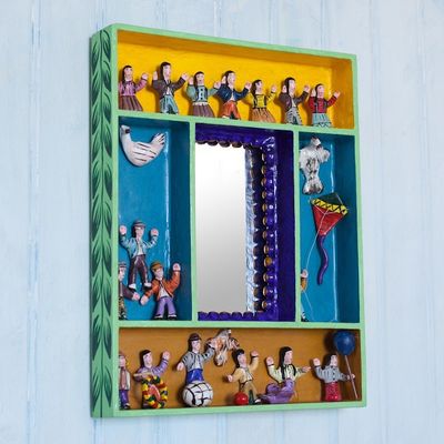 Alternate image for Hand-Painted Wood Retablo Wall Mirror Crafted in Peru Children at Play