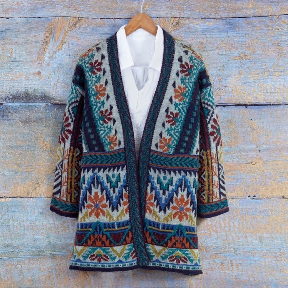 Traditional Knit Baby Alpaca Blend Cardigan from Peru 'Flower of the Andes'