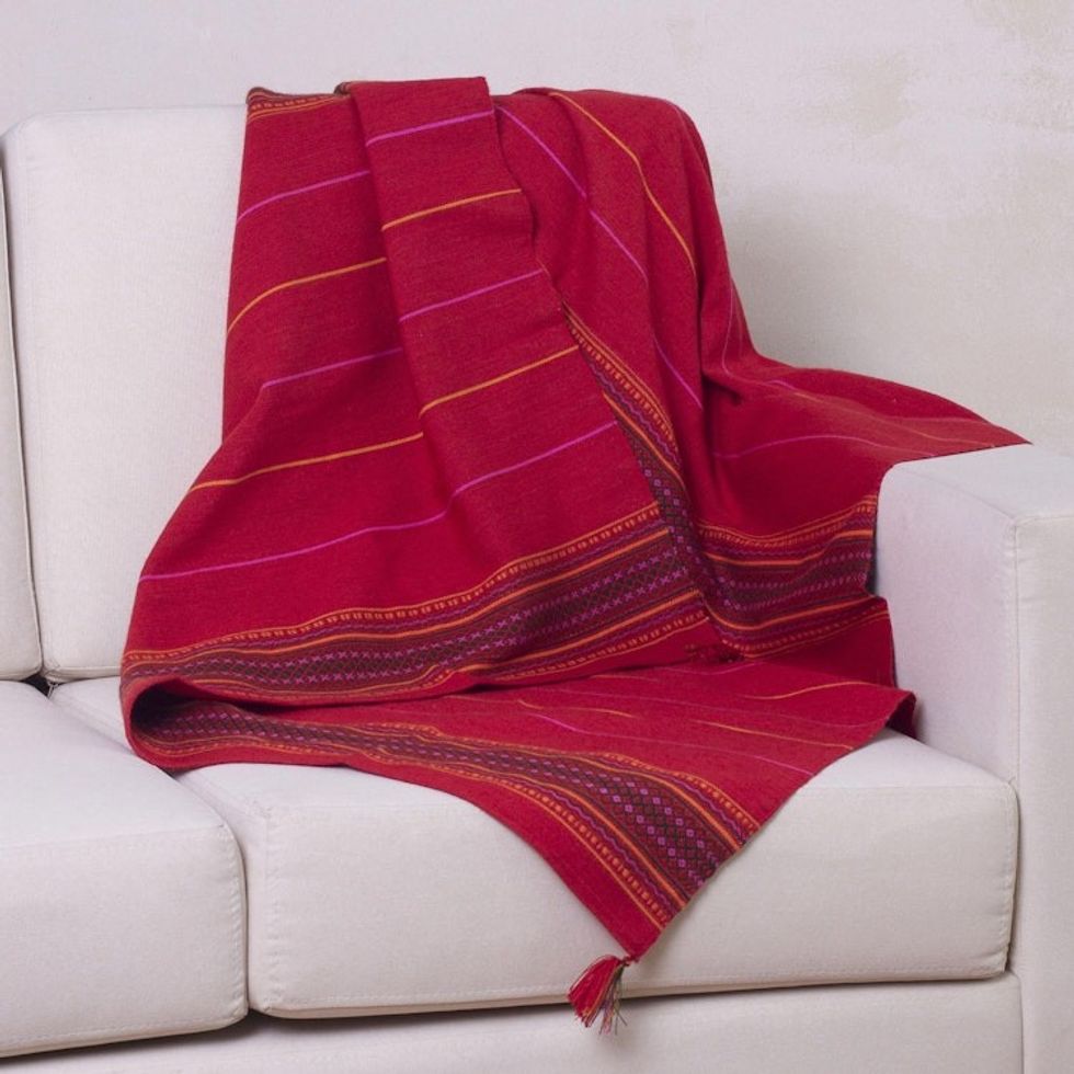 Alpaca Wool Blend Red Throw Blanket 'Red Butterfly'