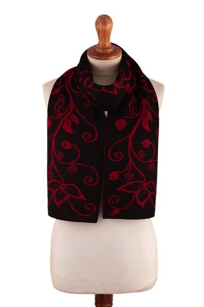 Alternate image for Leafy Black and Red Reversible Alpaca Blend Scarf from Peru Crimson Vines