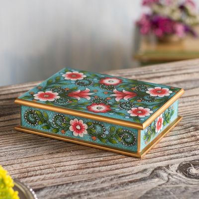 Alternate image for Pink and Green Floral Reverse-Painted Glass Decorative Box Verdant Margarita Garden