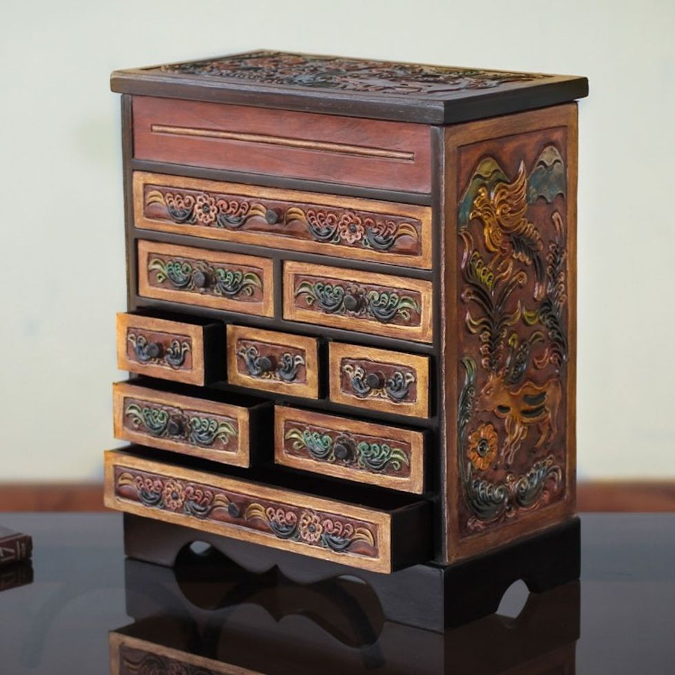 Flora and Fauna Cedar and Leather Jewelry Box with Drawers 'Nature's Glory'