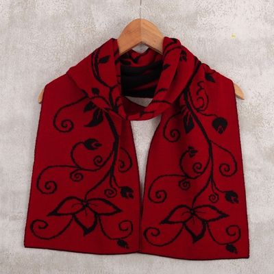 Alternate image for Leafy Black and Red Reversible Alpaca Blend Scarf from Peru Crimson Vines
