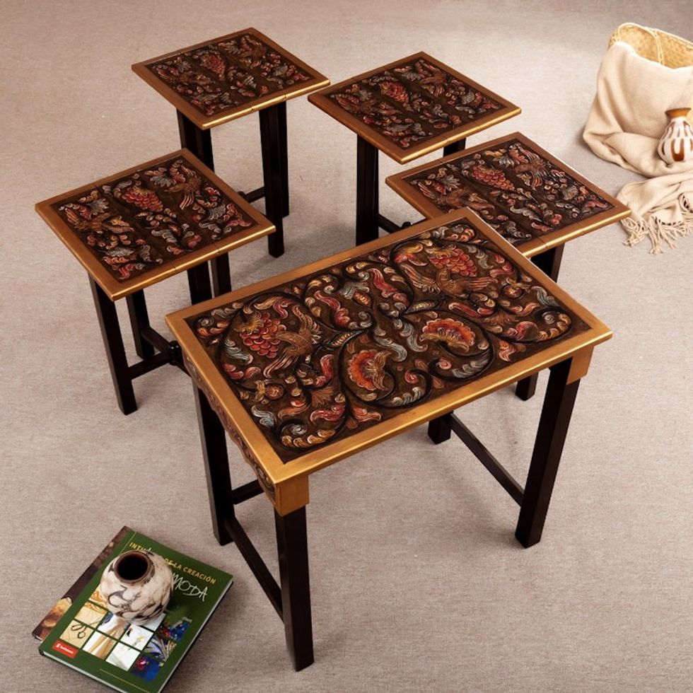 Set of 5 Accent Tables Handmade from Wood and Leather 'Firebirds'