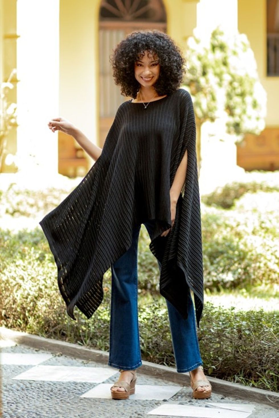 Organic Pima Cotton Knitted Poncho in Black from Peru 'Pintu Spring in Black'