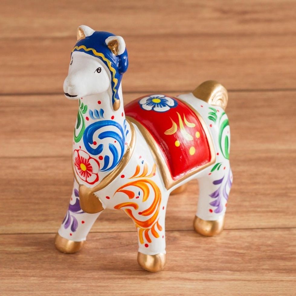 Multicolored Llama Ceramic Figurine 'Chullo Llama in White'