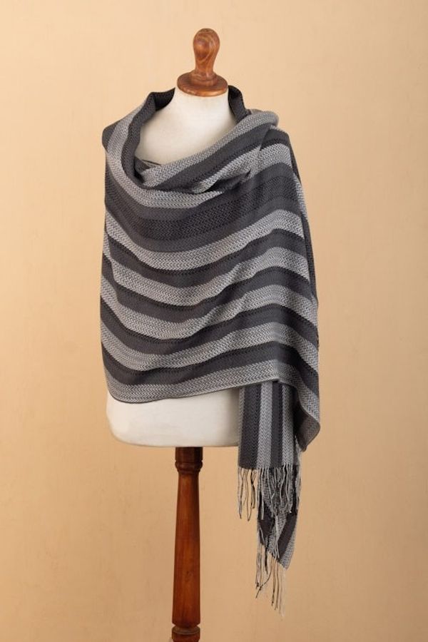 Alternate image for Handloomed Baby Alpaca Blend Striped Shawl in Black and Grey Classic Shades