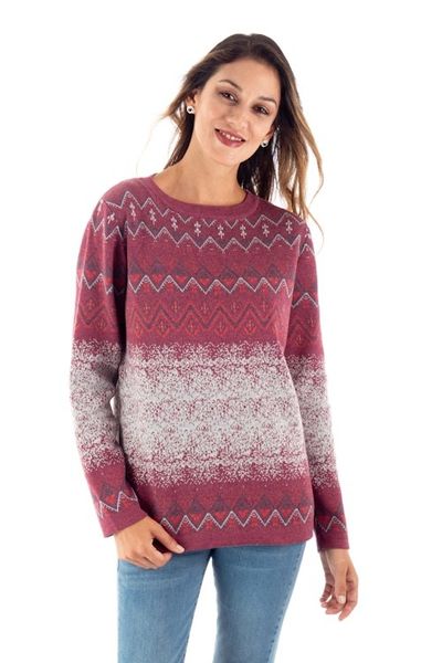 Alternate image for Cotton and Recycled PET Blend Pullover with Diamond Motifs Vermilion Diamonds