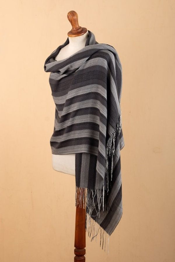 Alternate image for Handloomed Baby Alpaca Blend Striped Shawl in Black and Grey Classic Shades