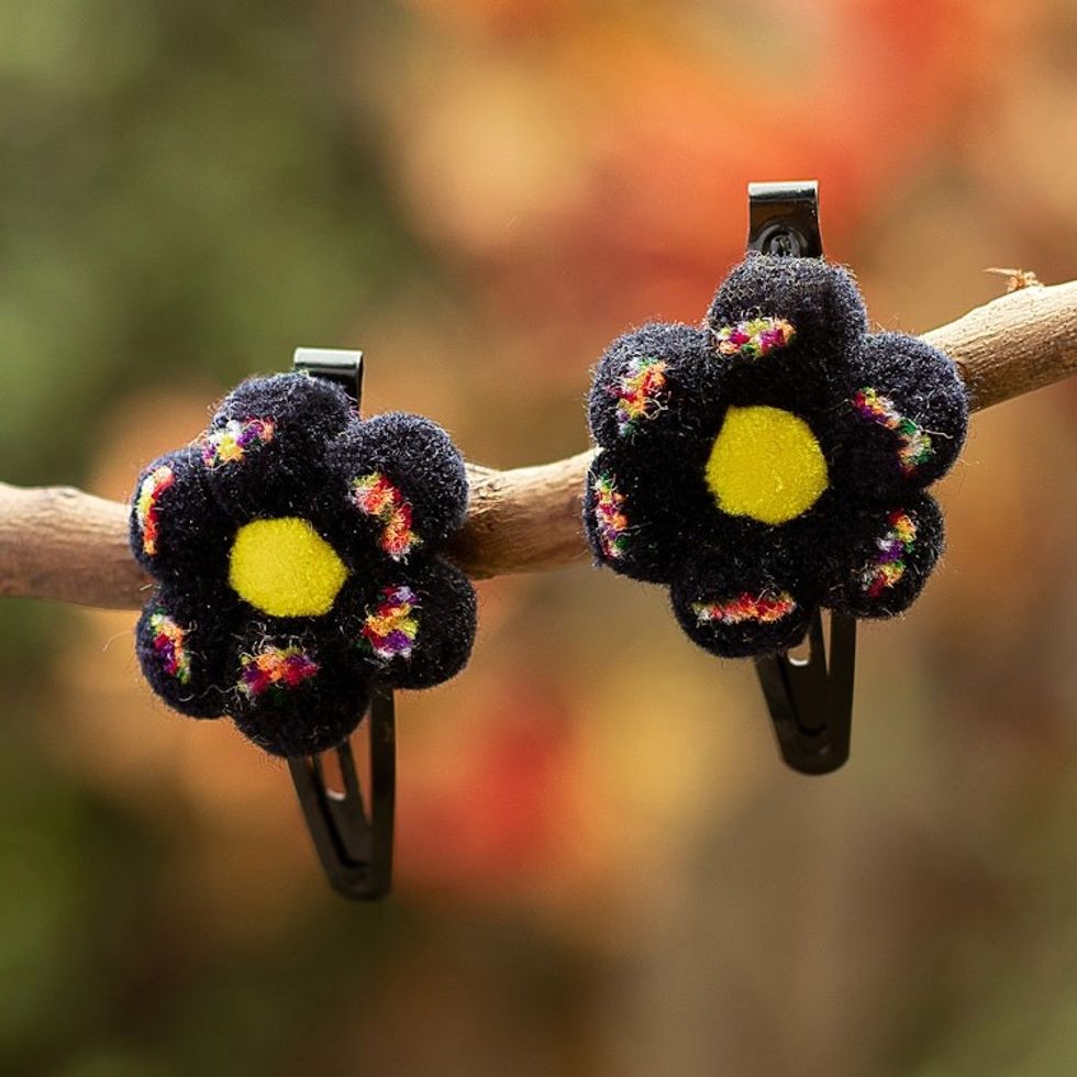 Handcrafted Flower Pompom Hair Clips from Peru Pair 'Night Flowers'