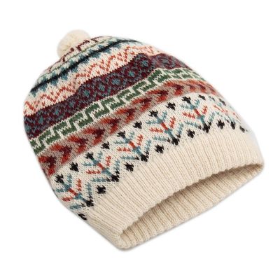 Alternate image for Traditional Knit Ivory Alpaca Hat from the Andes Andean Nature