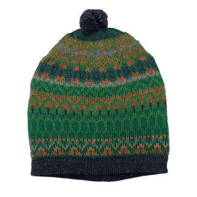 Alternate image for Handcrafted Geometric Patterned Green 100 Alpaca Knit Hat Geometric Scapes in Green
