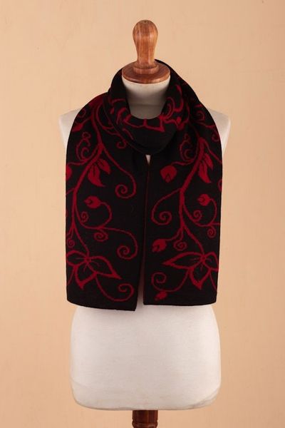 Alternate image for Leafy Black and Red Reversible Alpaca Blend Scarf from Peru Crimson Vines