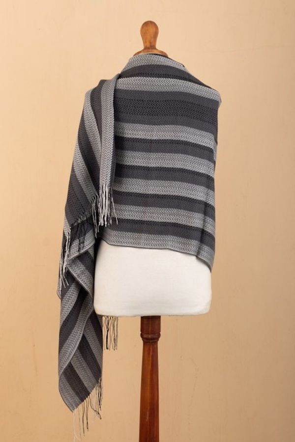 Alternate image for Handloomed Baby Alpaca Blend Striped Shawl in Black and Grey Classic Shades