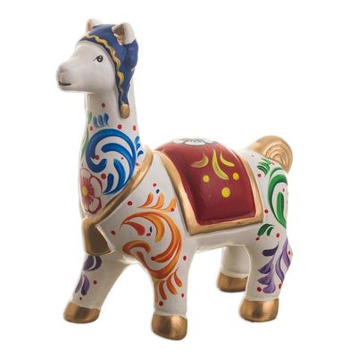 Alternate image for Multicolored Llama Ceramic Figurine Chullo Llama in White