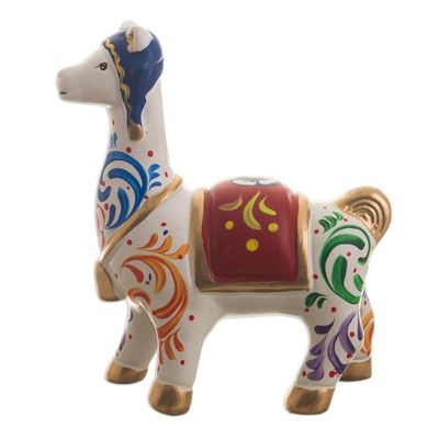 Alternate image for Multicolored Llama Ceramic Figurine Chullo Llama in White