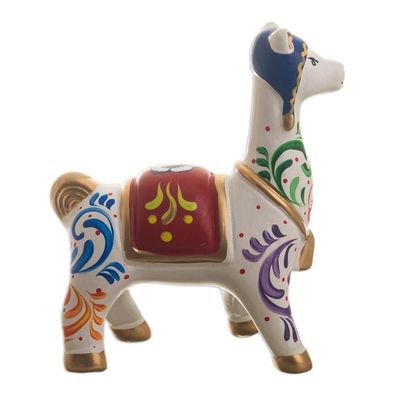 Alternate image for Multicolored Llama Ceramic Figurine Chullo Llama in White