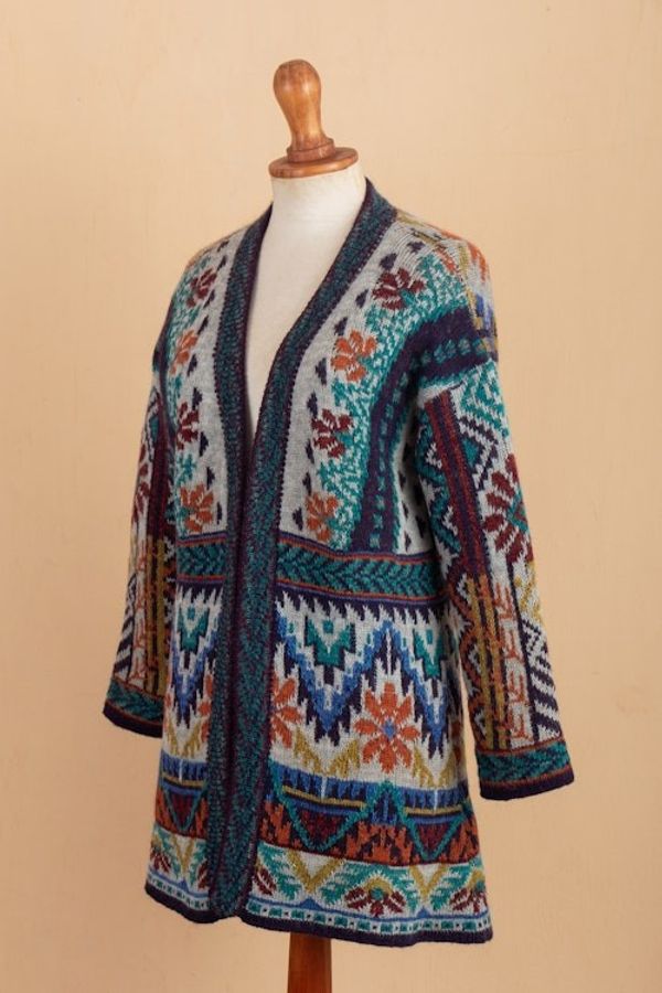 Alternate image for Traditional Knit Baby Alpaca Blend Cardigan from Peru Flower of the Andes