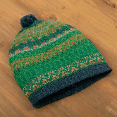 Alternate image for Handcrafted Geometric Patterned Green 100 Alpaca Knit Hat Geometric Scapes in Green