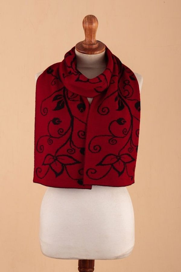 Alternate image for Leafy Black and Red Reversible Alpaca Blend Scarf from Peru Crimson Vines