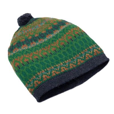 Alternate image for Handcrafted Geometric Patterned Green 100 Alpaca Knit Hat Geometric Scapes in Green