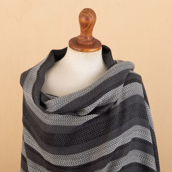 Alternate image for Handloomed Baby Alpaca Blend Striped Shawl in Black and Grey Classic Shades