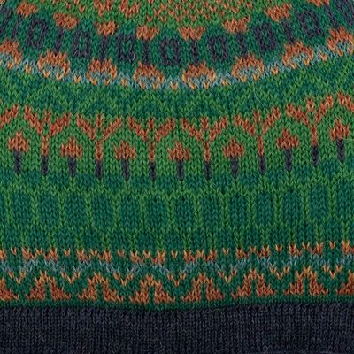 Alternate image for Handcrafted Geometric Patterned Green 100 Alpaca Knit Hat Geometric Scapes in Green