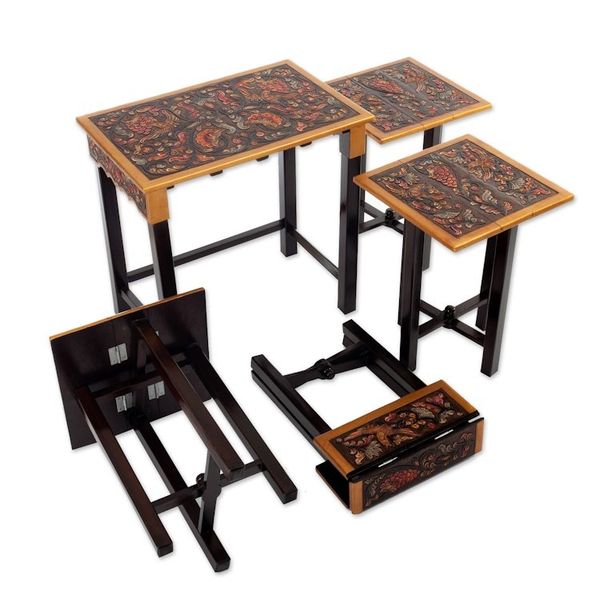 Alternate image for Set of 5 Accent Tables Handmade from Wood and Leather Firebirds