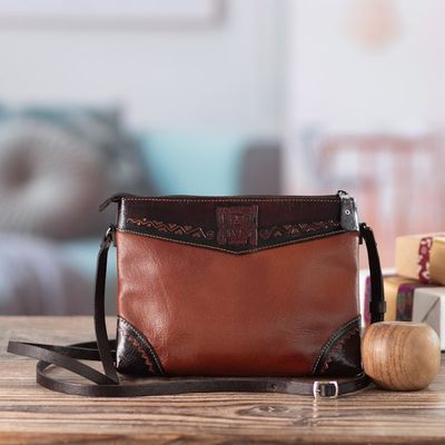 Alternate image for Handcrafted Tiwanaku-Inspired Brown Leather Sling Bag Tiwanaku Trends