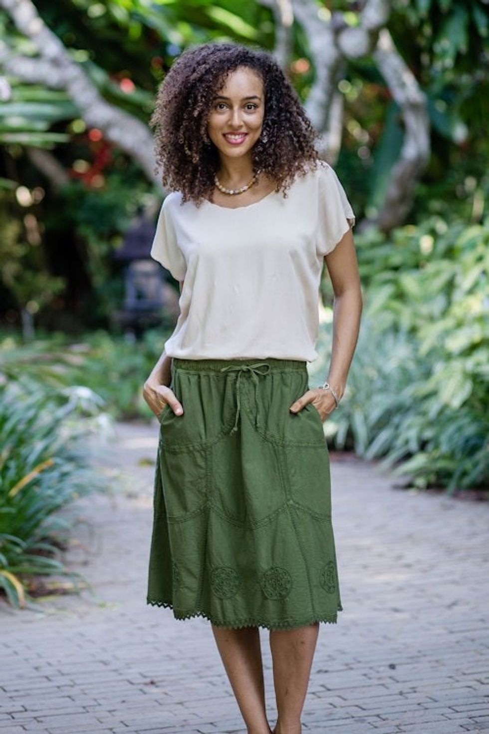 Embroidered Laurel Green Cotton Skirt from Peru 'Andean Fields'