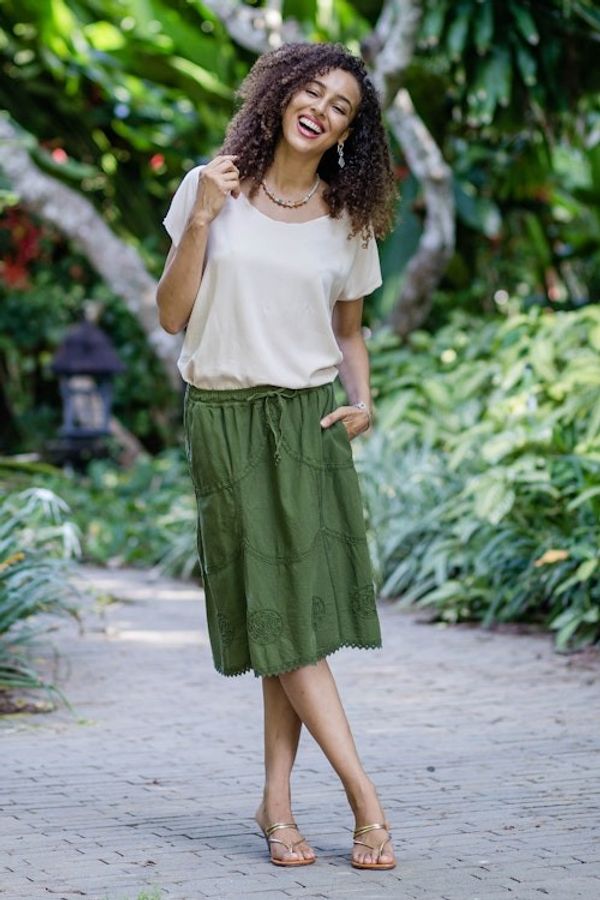 Alternate image for Embroidered Laurel Green Cotton Skirt from Peru Andean Fields