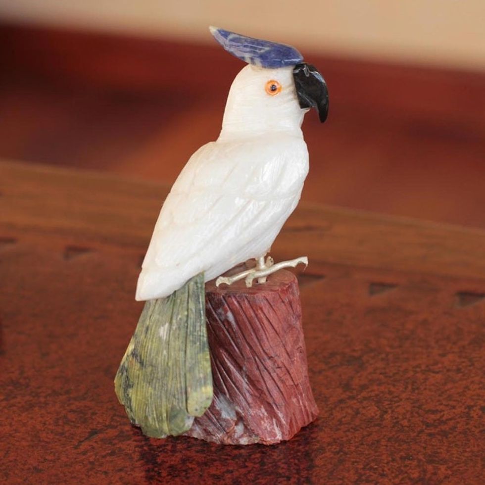 Gemstone Bird Sculpture Calcite Hand Carved in Peru 'Perky Cockatoo'