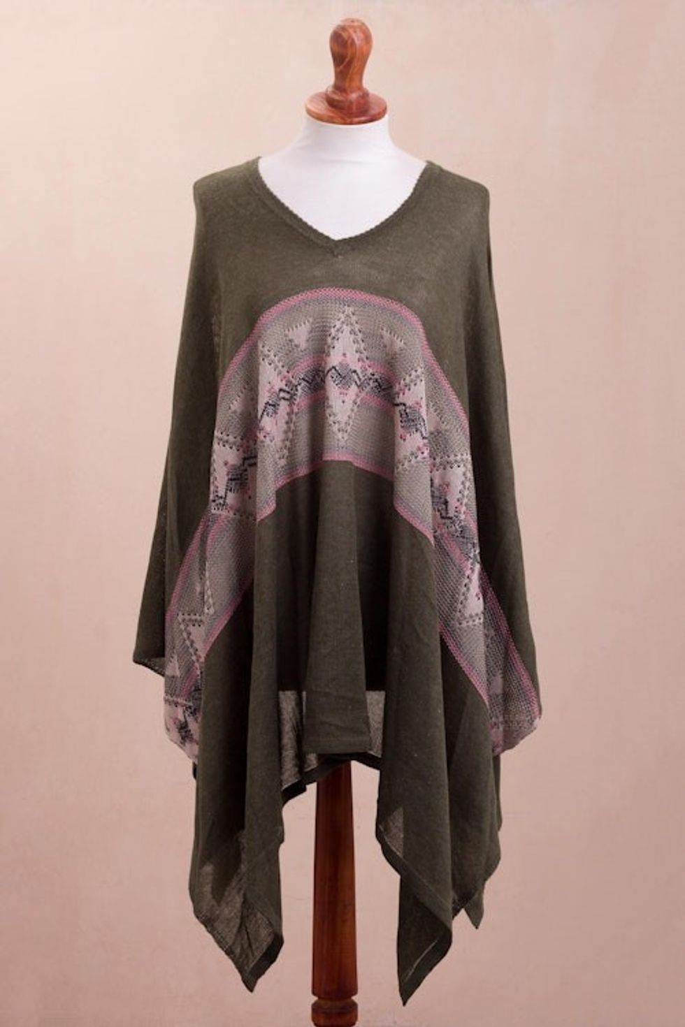 Geometric Cotton Blend Poncho in Olive from Peru 'Olive Andes'