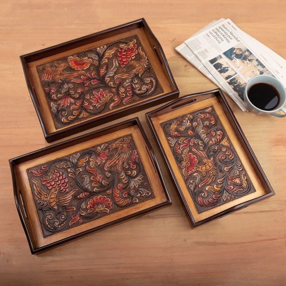 Set of 3 Trays Handmade from Wood and Embossed Leather 'Golden Nature'