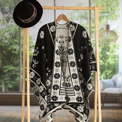 Alternate image for Reversible Alpaca Blend Ruana in Black and White from Peru Inca Garden in Black