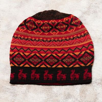 Alternate image for Red and Orange on Black Diamond Motif Alpaca Blend Knit Hat Alpaca Sunrise