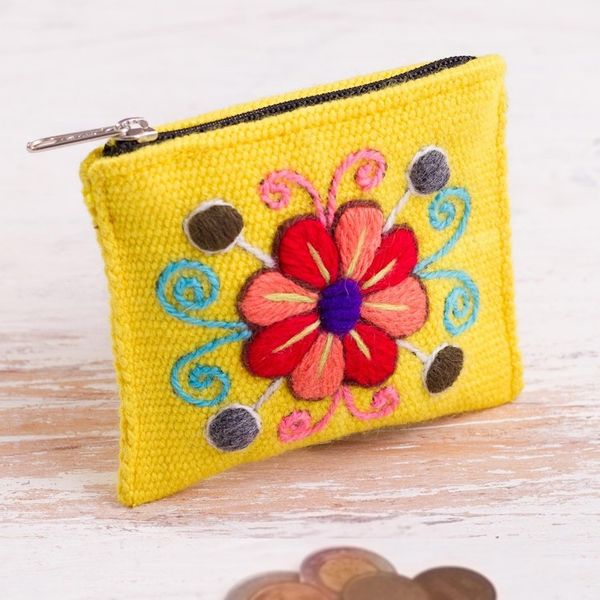 Alternate image for Embroidered Floral Maize Alpaca Blend Coin Purse from Peru Maize Flower