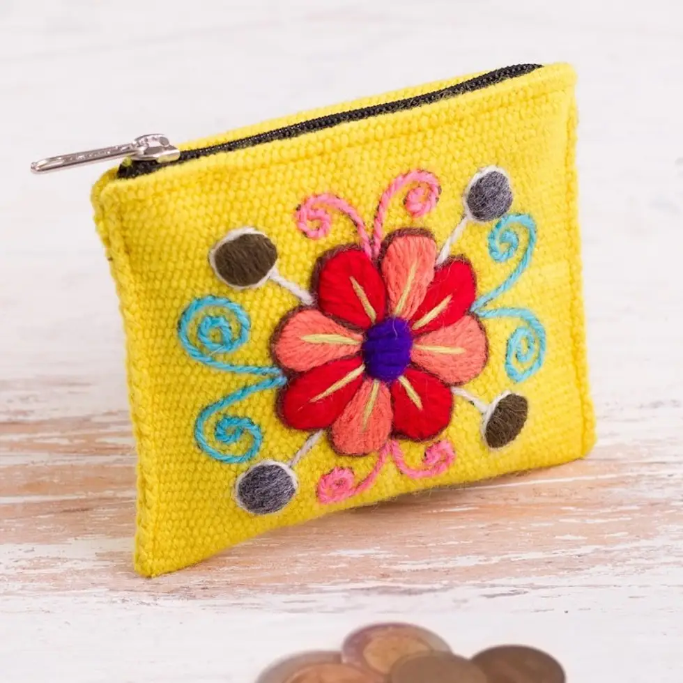 Embroidered Floral Maize Alpaca Blend Coin Purse from Peru 'Maize Flower'