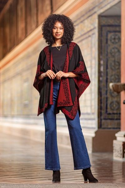 Alternate image for Black and Red Reversible Alpaca Blend Ruana from Peru Rose Attraction