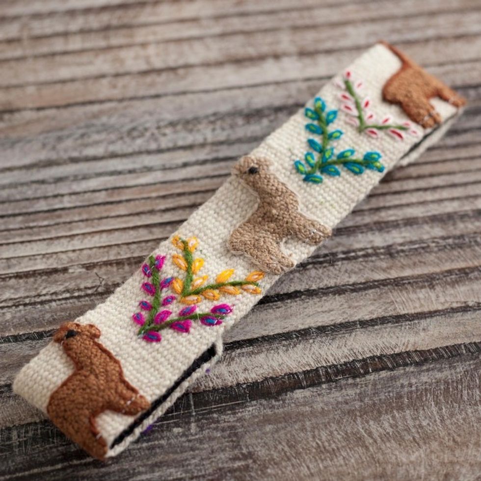 Llama Pattern Wool Headband in Alabaster from Peru 'Llama Procession'