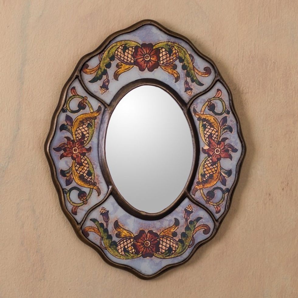 Aged White Reverse Painted Glass Wall Mirror from Peru 'White Colonial Wreath'