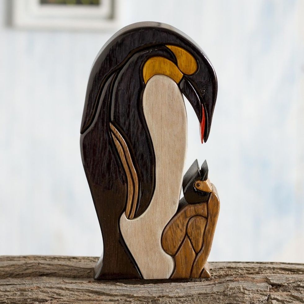Penguin Ishpingo Wood Sculpture Carving from Peru 'Mother Penguin'
